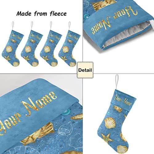  customjoy Blue Sandy Gold Seashells Personalized Christmas Stocking Name Socks Xmas Tree Fireplace Hanging Decoration 17.52 x 7.87 Inch