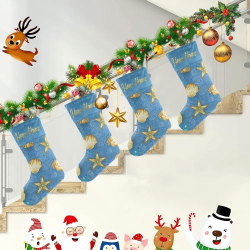  customjoy Blue Sandy Gold Seashells Personalized Christmas Stocking Name Socks Xmas Tree Fireplace Hanging Decoration 17.52 x 7.87 Inch