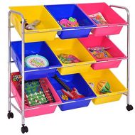Custpromo Kids Toy Storage Organizer Childrens Rolling Storage Box with 9 Plastic Bins Playroom Bedroom Shelf Drawer