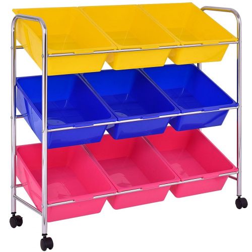  Custpromo Kids Toy Storage Organizer Childrens Rolling Storage Box with 9 Plastic Bins Playroom Bedroom Shelf Drawer