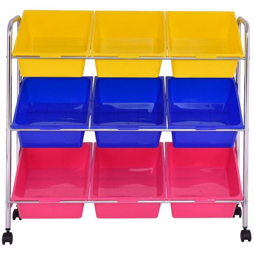  Custpromo Kids Toy Storage Organizer Childrens Rolling Storage Box with 9 Plastic Bins Playroom Bedroom Shelf Drawer