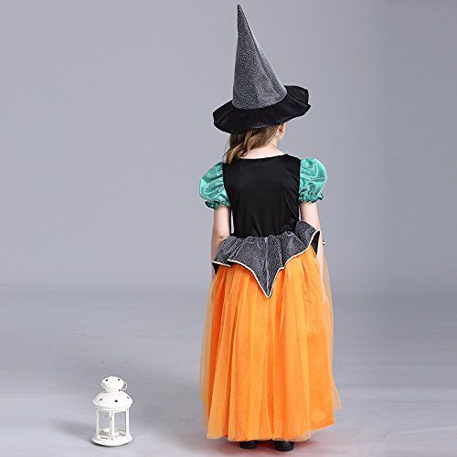  Cute Halloween Pumpkin Witch Dress Costume Set with FREE Witch Hat for Girls age 3-12