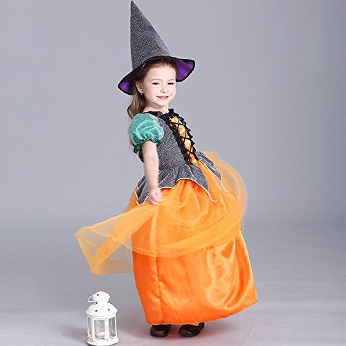  Cute Halloween Pumpkin Witch Dress Costume Set with FREE Witch Hat for Girls age 3-12