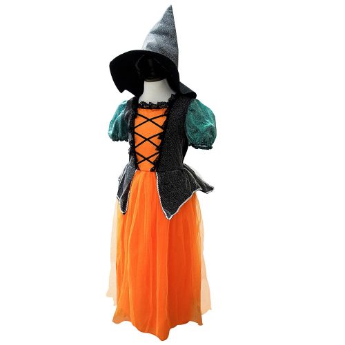  Cute Halloween Pumpkin Witch Dress Costume Set with FREE Witch Hat for Girls age 3-12