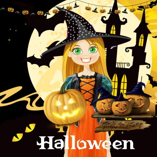  Cute Halloween Pumpkin Witch Dress Costume Set with FREE Witch Hat for Girls age 3-12