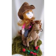 /CuteSouvenirs Handmade cowgirl Doll cowgirl in boots, hat and jacket Gift for girls Interior rag doll Cotton cowgirl and horse Doll with bucket and horse