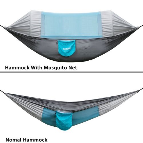  Cutequeen Newdora 2 Person Camping Hammock with Mosquito Net, Ultralight Portable Double Parachute Hammocks, Swing Sleeping Hammock Bed with Net and 2 x Hanging Ropes for Outdoor, Hiking, Ba