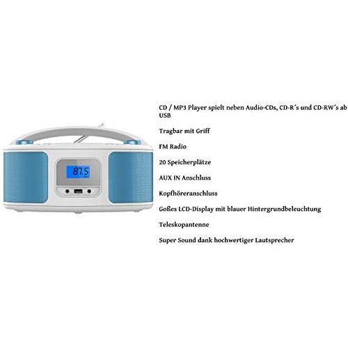  [아마존베스트]Cyberlux Portable CD Player | Boombox | CD/CD-R | USB | FM Radio | Aux-In | Headphone Jack | CD Player | Childrens Radio | CD Radio | Stereo System | Compact System (Balta Blue)