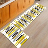 Cyclamen9 2 Pieces Microfiber Soft Kitchen Mat Bath Rug Doormat Runner Carpet Set, Non-Slip Kitchen Mat Runner Area Rug Doormat (Yellow and white strips)