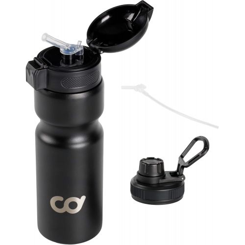  CyclingDeal Bicycle Stainless Steel Vacuum Insulated Double Wall Water Bottle with Leakproof Straw Lid and Spout Lid 18oz (500ml) Matt Black