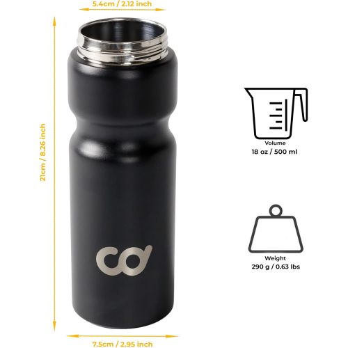  CyclingDeal Bicycle Stainless Steel Vacuum Insulated Double Wall Water Bottle with Leakproof Straw Lid and Spout Lid 18oz (500ml) Matt Black