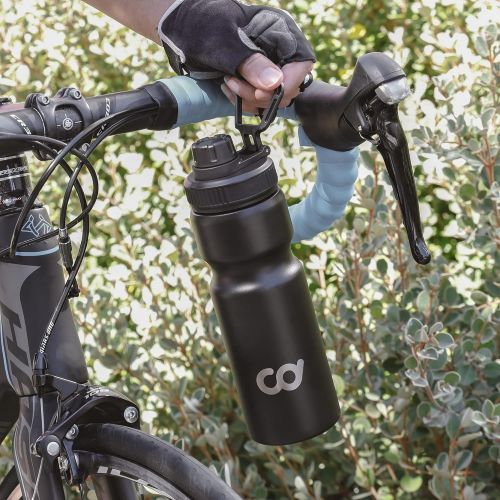  CyclingDeal Bicycle Stainless Steel Vacuum Insulated Double Wall Water Bottle with Leakproof Straw Lid and Spout Lid 18oz (500ml) Matt Black