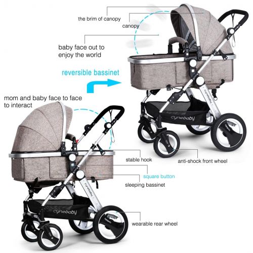  Infant Toddler Baby Stroller Carriage - Cynebaby Compact Pram Strollers add Tray (Khaki)