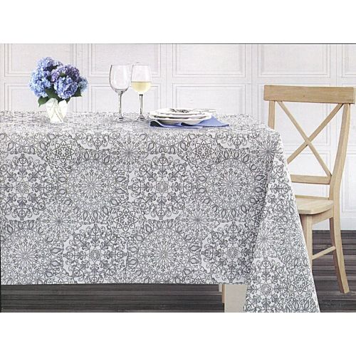  Cynthia Rowley New York Cynthia Rowley Metallic Silver and Beige Medallion Tablecloth, 60-by-102 Inch Oblong Rectangular