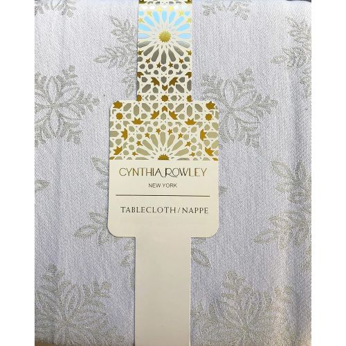  Cynthia Rowley New York Fabric Tablecloth Solid White with Textured Snowflakes with Gold Tinsel Thread Highlights - 60 Inches x 102 Inches