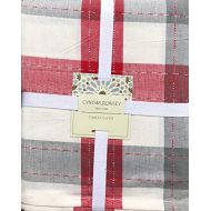 Cynthia Rowley New York Fabric Tablecloth Holiday Plaid Pattern Red Gray Cream with Silver Thread Highlights - Rimini - 60 Inches x 108 Inches