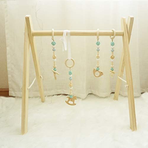  Cynzia Baby Foldable Wooden Play Gym with 4 Theething Gym Toys Frame Activity Gym Natural Hanging Bar Newborn Gift Baby Girl and Boy Gym (Green)