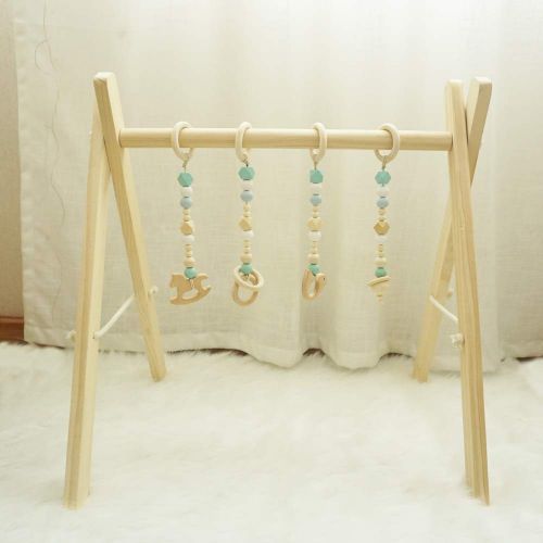  Cynzia Baby Foldable Wooden Play Gym with 4 Theething Gym Toys Frame Activity Gym Natural Hanging Bar Newborn Gift Baby Girl and Boy Gym (Green)