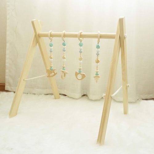  Cynzia Baby Foldable Wooden Play Gym with 4 Theething Gym Toys Frame Activity Gym Natural Hanging Bar Newborn Gift Baby Girl and Boy Gym (Green)