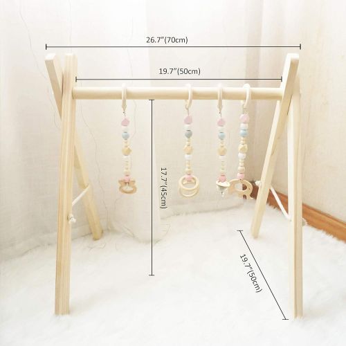  Cynzia Baby Foldable Wooden Play Gym with 4 Theething Gym Toys Frame Activity Gym Natural Hanging Bar Newborn Gift Baby Girl and Boy Gym (Green)