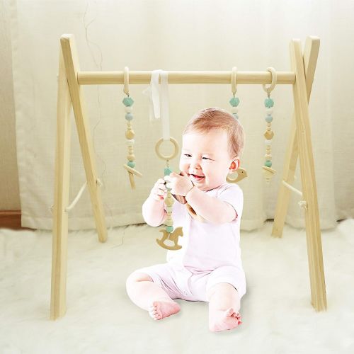  Cynzia Baby Foldable Wooden Play Gym with 4 Theething Gym Toys Frame Activity Gym Natural Hanging Bar Newborn Gift Baby Girl and Boy Gym (Green)