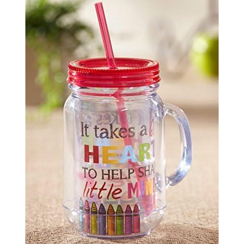  [아마존베스트]Cypress Home It Takes A Big Heart To Help Shape Little Minds 20 Oz DoubleWall Acrylic Insulated Mason Jar With Straw Teacher Appreciation Gift 3.5” x 5” x 6.25”