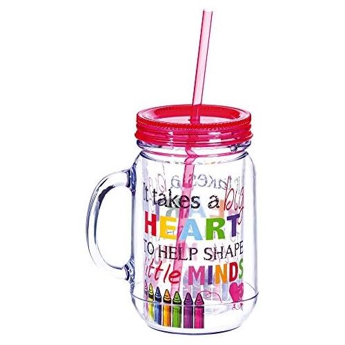  [아마존베스트]Cypress Home It Takes A Big Heart To Help Shape Little Minds 20 Oz DoubleWall Acrylic Insulated Mason Jar With Straw Teacher Appreciation Gift 3.5” x 5” x 6.25”