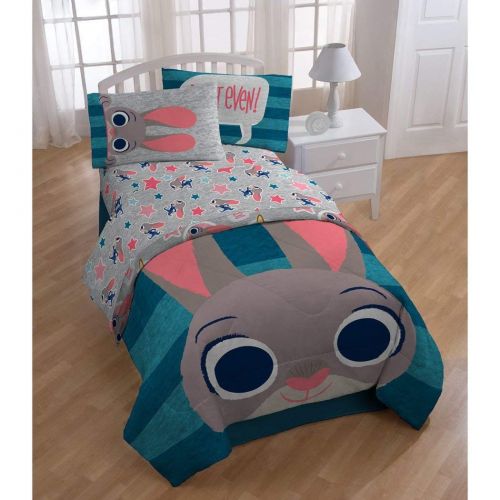  D&H 5 Piece Blue Grey Kids Disney Zootopia The Movie Theme Comforter Twin Set, Fun Multi Stripe Reversible Bedding, Cute All Over Disneys Star Characters Judy Hopps Bunny Nick Wilde Fi