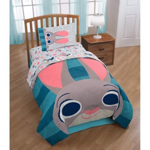  D&H 5 Piece Blue Grey Kids Disney Zootopia The Movie Theme Comforter Twin Set, Fun Multi Stripe Reversible Bedding, Cute All Over Disneys Star Characters Judy Hopps Bunny Nick Wilde Fi