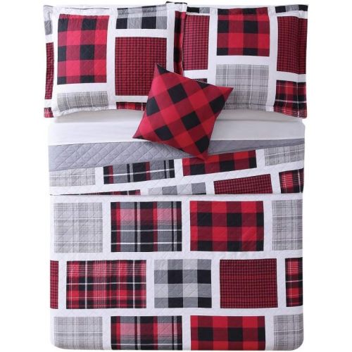  D&H 3 Piece Boys Classic Rectangle Plaid Theme Quilt Twin Set, Beautiful Lumberjack Madras Checkered Lodge Hunting Themed, Tufted Reversible Bedding, Cozy Warm Sporty Style, Vibrant Co