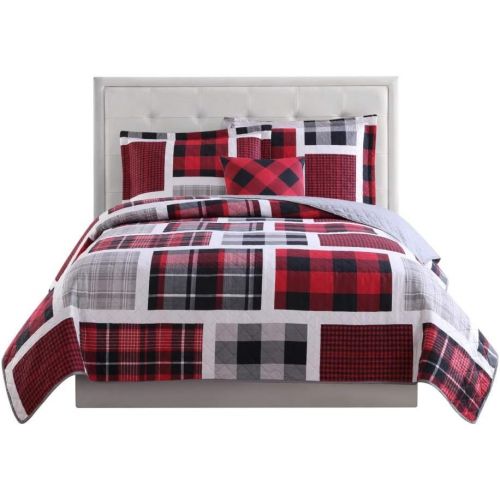  D&H 3 Piece Boys Classic Rectangle Plaid Theme Quilt Twin Set, Beautiful Lumberjack Madras Checkered Lodge Hunting Themed, Tufted Reversible Bedding, Cozy Warm Sporty Style, Vibrant Co