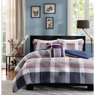 D&H 5 Piece Boys Grey Red Navy Blue Madras Glen Plaid Theme Comforter Full Queen Set, Stylish All Over Tartan Check Plaided Bedding, Horizontal Vertical Stripe Lodge Cabin Themed Patte