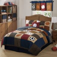 D&H 2 Piece Boys Sports Quilt Twin Set, Kids All Over Patchwork All Star Plaid Sport Bedding, Fun Multi Soccer Ball Baseball Basketball Football Patch Work Themed Pattern, Blue Orange