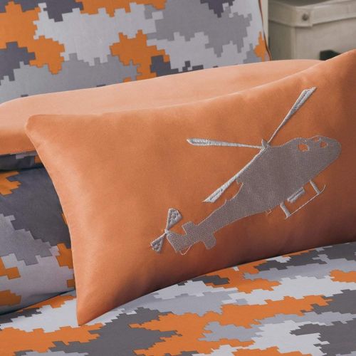  D&H 4 Piece Kids Boys Grey Orange Camouflage Comforter Full Queen Set, Army Camo Bedding Light Gray Colors Military Pattern Abstract Helicopter Pillow Teen Childrens, Polyester