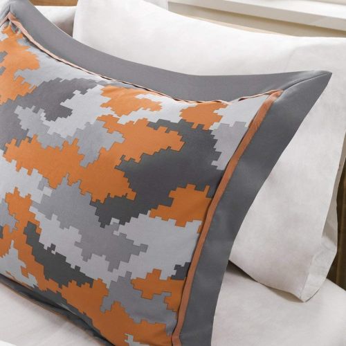  D&H 4 Piece Kids Boys Grey Orange Camouflage Comforter Full Queen Set, Army Camo Bedding Light Gray Colors Military Pattern Abstract Helicopter Pillow Teen Childrens, Polyester