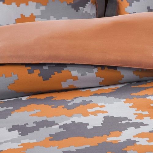  D&H 4 Piece Kids Boys Grey Orange Camouflage Comforter Full Queen Set, Army Camo Bedding Light Gray Colors Military Pattern Abstract Helicopter Pillow Teen Childrens, Polyester