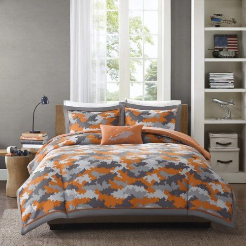  D&H 4 Piece Kids Boys Grey Orange Camouflage Comforter Full Queen Set, Army Camo Bedding Light Gray Colors Military Pattern Abstract Helicopter Pillow Teen Childrens, Polyester