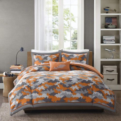  D&H 3 Piece Kids Boys Grey Orange Camouflage Comforter Twin/Twin XL Set, Army Camo Bedding Light Gray Colors Military Pattern Abstract Helicopter Pillow Teen Childrens, Polyester