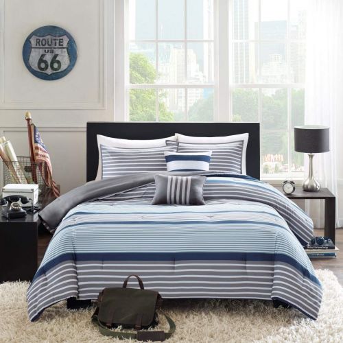  D&H 4 Piece Boys Navy Blue White Grey Stripes Comforter Twin/Twin XL Set, Horizontal Gray Striped Bedding Rugby Stripe Sports Themed Nautical Pattern Modern Lines Pattern Dorm Coll