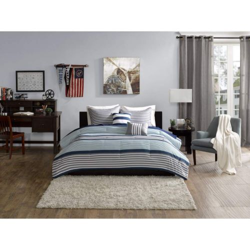  D&H 4 Piece Boys Navy Blue White Grey Stripes Comforter Twin/Twin XL Set, Horizontal Gray Striped Bedding Rugby Stripe Sports Themed Nautical Pattern Modern Lines Pattern Dorm Coll