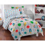 D&H 5 Piece Boys Grey Outer Space Themed Comforter Twin Set, All Over Rocket Ship Plants Bedding, Multi Meteor Stars, Planet Earth Moon Saturn, Orbit Rocket Comets, Gray Blue Red Yello