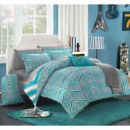 D&H 10 Piece Boys Aqua Chevron Comforter Full Set, Digital Contemporary Geometric Bedding, Stylish Horizontal Verticle Striped Pattern, Gray Pixel Pattern, Teal Sky Blue Grey White