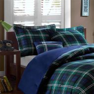 D&H 3 Piece Boys Navy Blue Green Madras Glen Plaid Theme Comforter Twin XL Set, Stylish All Over Tartan Check Plaided Bedding, Horizontal Vertical Stripe Lodge Cabin Themed Pattern