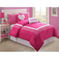 D&H 5 Piece Girls Hot Light Pink Love Full Comforter Set, Pretty Heart Girly Bedding, Beautiful Square Border Pattern, Fun Teen Girly Bright Vibrant Colors Soft White