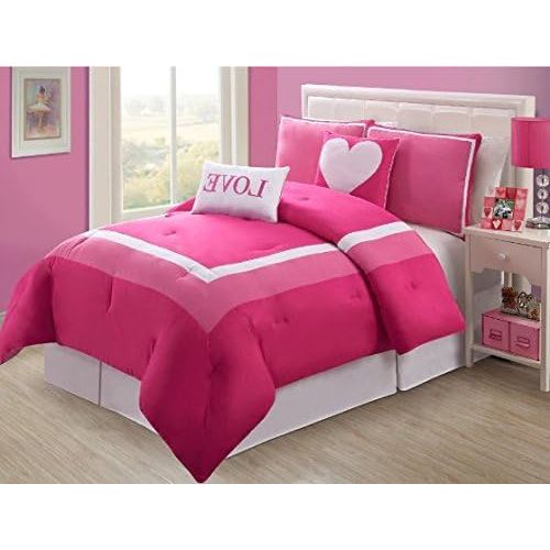 D&H 5 Piece Girls Hot Light Pink Love Full Comforter Set, Pretty Heart Girly Bedding, Beautiful Square Border Pattern, Fun Teen Girly Bright Vibrant Colors Soft White