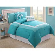 D&H 5 Piece Girls Turquoise Peace Full Comforter Set, Pretty Peace Sign Girly Bedding, Beautiful Light Blue Square Border Pattern, Fun Teen Girlie Bright Vibrant Colors Soft White