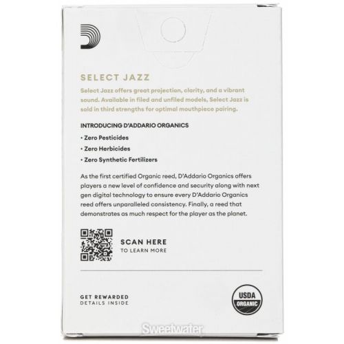  D'Addario Organics Select Jazz Filed Alto Saxophone Reeds - 3 Hard (10-pack)