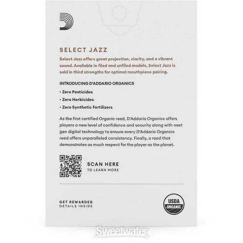  D'Addario Organics Select Jazz Unfiled Alto Saxophone Reeds - 4 Soft (10-pack)