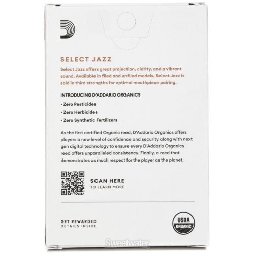  D'Addario Organics Select Jazz Unfiled Alto Saxophone Reeds - 3 Hard (10-pack)