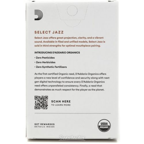  D'Addario Organics Select Jazz Unfiled Alto Saxophone Reeds - 2 Medium (10-pack)